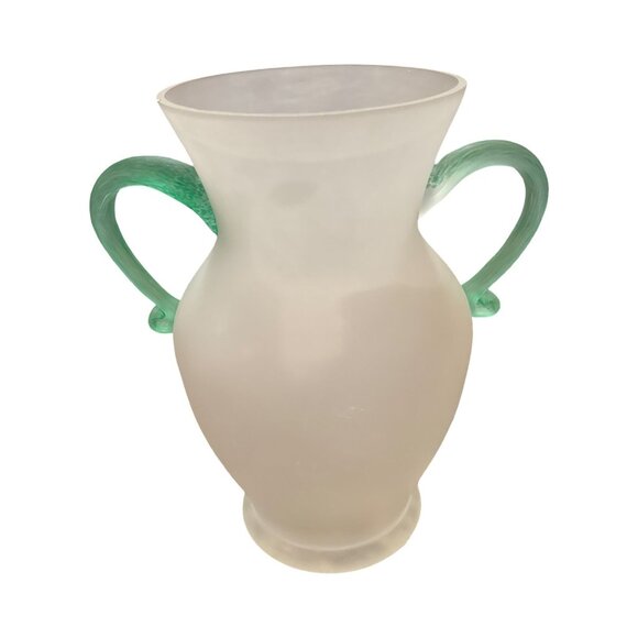 Vintage Frosted Glass Vase With Green Twisted Handles - Picture 8 of 12